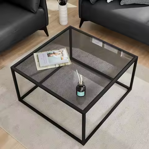 Modern Square Glass Coffee Table 26.7x26.7x17.7 Inches Gray Black Tempered for Living Room Office