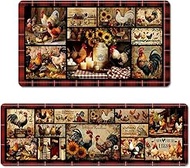 Farmhouse Kitchen Rugs Sets of 2, Farm Rooster Sunflower Kitchen Runner Rugs Non Skid, Washable Kitc