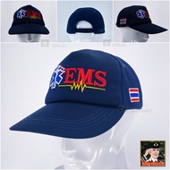 หมวก สพฉ. กู้ชีพ กู้ภัย EMS 1669 สีกรมท่า บุฟองน้ำ ปักตรา EMS ธงชาติไทย