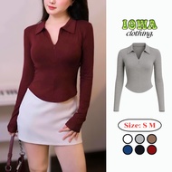 LONG-Sleeve T-Shirt with Zipper Collar Tear Drop Flap Ribbed Long Sleeve DD141, IOWA Bodycon Polo Co