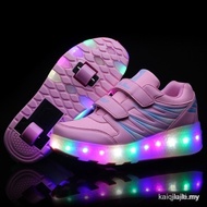 【In stock】2024 Boy's Girl's LED Light Double Wheel Shoes Roller Shoes Playing Shoes Pink USB Recharg