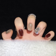 【Handmade Fake Nail Press On Nail】Rose Gold Noble Cat Eye Handmade Detachable Short Red Nail Art