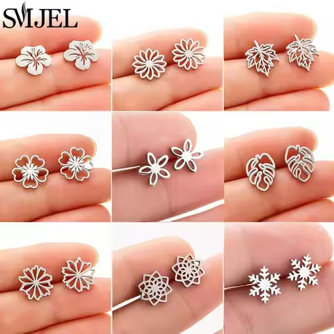 Small Stainless Steel Earings Fashion Jewelry Bohemian Rose Flower Stud Earrings Plant Maple Leaves 