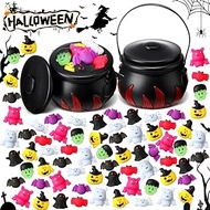 Libima 82 Pcs Halloween Toys Include 2 Halloween Flame Cauldron and 80 Squeeze Toys Kawaii Mini Squishy Skull Stress Ball Squishies Stress Reliever Anxiety Fidget Toy Trick or Treat Goodie Bag Fillers