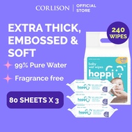 Hoppi Premium 99% Baby Water Wipes / Baby Wipes / Wet Wipes / Wet Tissue - 80 Wipes x 3 Packs