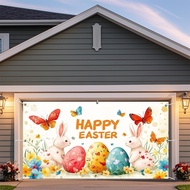 7X8ft Easter Egg Hunt Garage Door Cover Backdrop Spring Pink Bunny Rabbit Colorful Eggs Floral Butte