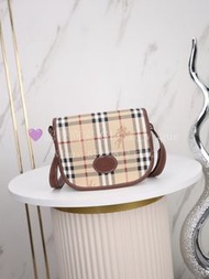 紫鑽🌟誠信商家🌟💜全新Burberry 格紋戰馬馬鞍包 啡色皮革配格紋帆布手袋 包包