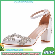 XSHXY · 7cm Thick Heel Pointed Shoes Hollow Square Root Sandals Rhinestone Wedding Women White Brida