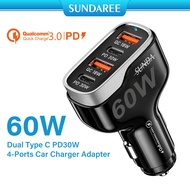 60W USB C Fast Car Charger, 4-Ports Car Charger Adapter, Dual Type C PD30W/PPS30W Compatible with iP