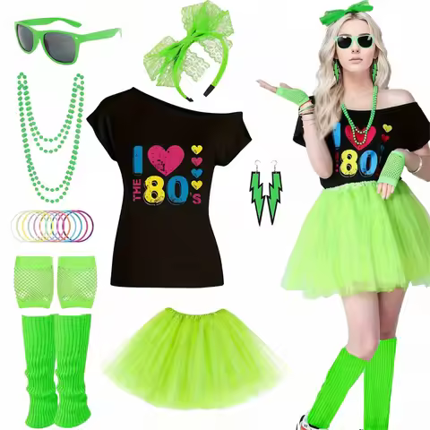 Women's 80s Costume Set Off-Shoulder T-Shirt Tutu Skirt Accessories Neon Outfit for Retro Parties Ha