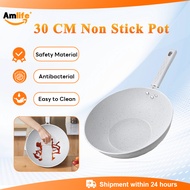 Amlife Non-Stick Pan 30CM Maifanite Material Large Capacity White Frying Pan for Induction Cooker
