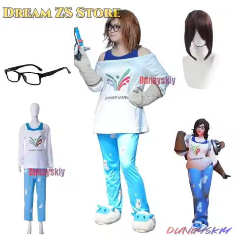 Game Mei Summer Cosplay Costume Wig Glasses Pajamas Meiling Zhou Costumes Mei Bear Pattern Pants Hal