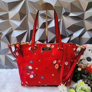 Kate Spade Classic Medium Dawn Satchel Two Zip and Tab Closure Nylon Bag - Red with Floral Print Women's Tote Bag with Sling