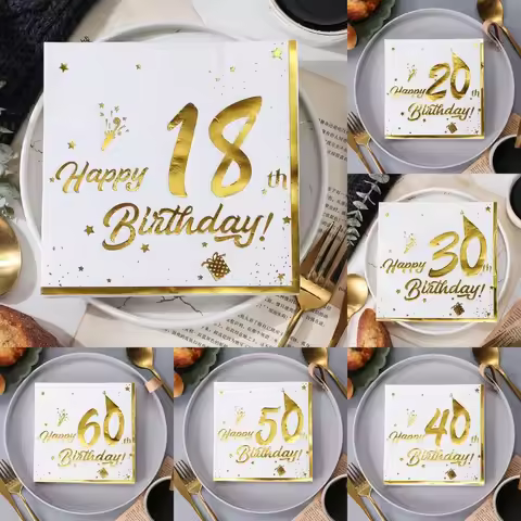 One-time use gold-embossed anniversary napkins for 16th, 18th, 20th, 30th, 40th, 50th, 60th, and 70t