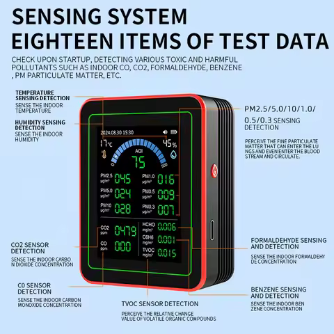 homeNew Portable 18-in-1 Air Quality Monitor AQI CO PM2.5 PM10 PM0.3 TVOC HCHO C6H6 CO2 Detector wit