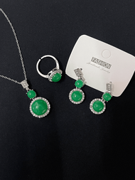 4入組仿玉、天然瑪瑙和孔雀石綠色樹脂珠寶套裝，包括吊墜、戒指和耳環