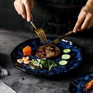 Nordic Blue Vintage Tableware Set Kiln Glazed Ceramic Rice Salad Round Dish Dinner Plate Bowl Dinnerware Set Microwave Safe
