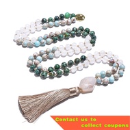 🌠 8mm White Jade African Turquoise Emperor Jasper Beads Knotted Japamala Necklace Meditation Yoga Jewelry Set 108 Mala R