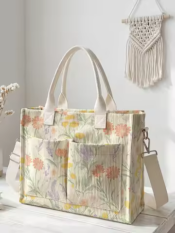 Wildflower Daisy Lavender Print Corduroy Tote Bag Large Capacity Multi Pocket Commuter Shoulder Bag