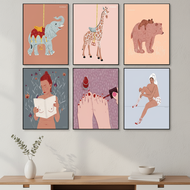 Sofa Background Three-panel Canvas Wall Art, Modern Home Decor with Cartoon Animal for Girls, Elepha