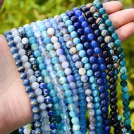 Blue Natural Stone Beads Faceted Agates Apatite Lapis Lazuli Turquoises Lava Jasper Round Beads For Jewelry DIY Bracelet 4-12mm