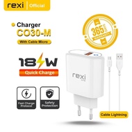 Rexi CO30 Fast Charging 18W 3A Charger with Micro USB Type-C/ Lightning Cable Original