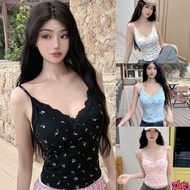 Elves Korean V-Neck Camisole Rosemary Lace Edge Built-In Foam Pads Comfortable To Wear It Go Out "FY