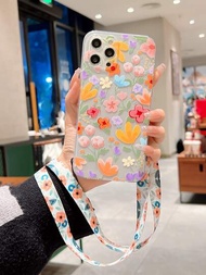 夏季花卉頸掛繩和手機殼套裝，適用於iPhone 15 14 13 12 11 Samsung S24uu，S24 +，S24防護套