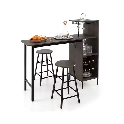 Bar Table and Chairs Set for 2, Counter Height Dining Table Set with Shelves, Cup Holder and Wine Ra