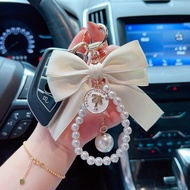 Fashion Big Bow Tie Tie Key Chain Pearl Chain Women's Car Key Chain Pendant Personalized Handbag Pen