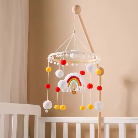 Baby Wooden Bed Bell Rattle Toys Newborn Soft Felt Rainbow Crib Mobiles Hanging Toys Crib Bracket Ba
