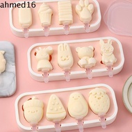 AHMED Ice Cream Mold, Removable Lid Cartoon Popsicle Molds, Dessert Mould Food Grade Silicone 4 Grid DIY Popsicle Mold Party Supplies