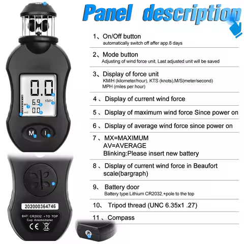 Handheld Anemometer Digital Wind Speed Meter 4 Units KM/H KTS M/S MPH Display Current Avg Max for Sa