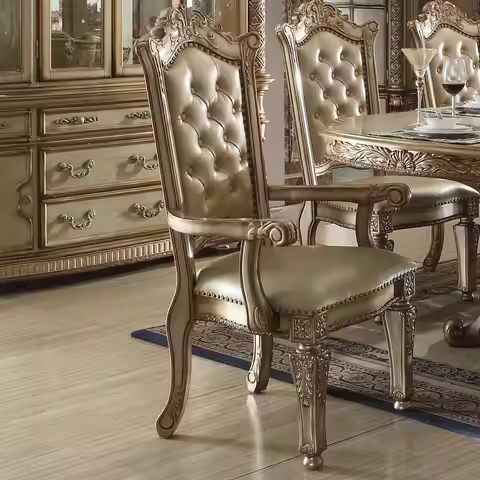 Set of 2 Bone and Gold Patina Tufted Back Arm Chairs