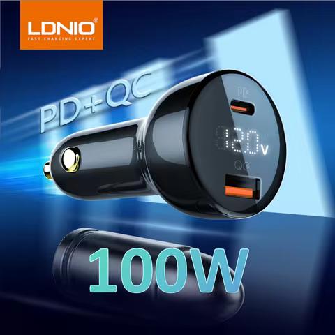 LDNIO 100W Super Fast USB Car Charger Dual Ports Type C PD QC LED Car Adapter for Laptop iPad iPhone