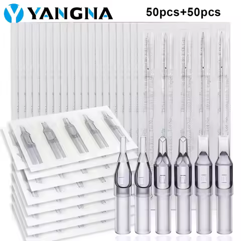 Yangna Tattoo Needles and Tips Set 50pcs Disposable 3/5/7/9RL 5/7/9RS 5/7/9M1 Size Needles Assorted 