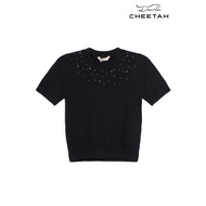 Cheetah Women Yarn Knit With Diamante Neckline Short Sleeves Sweather - CL-96916