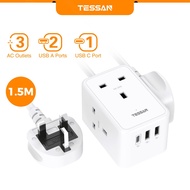 TESSAN Extension Plug Power Socket with 3 USB（C）3 Way plug extension 13A 3250W , 1.5M Extension Cord