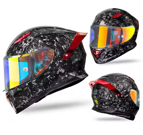 Forge Finish Carbon Fiber Full Face Motorcycle Helmet in Red- Ready - DOT & 3C Certified - Unisex - 