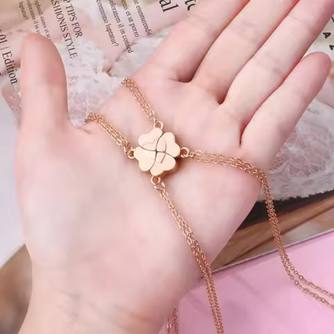 M2EA 4 Piece Four Leaf Clover Stitching Necklace Magnet Stone BFF Friendship Heart Pendant Chain Cho