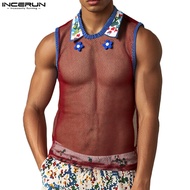 INCERUN men's hollowed out digital collar contrasting embroidered vest