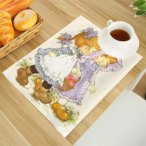 Sarah Kay Print Linen Dining Table Mats Alphabet Kitchen Placemat 30X40cm Coasters Pads Bowl Cup Mat