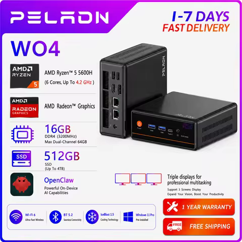 PELADN WO4 Mini Gaming PC - AMD Ryzen 5 5600H((6C/12T, up to 4.2Ghz,Beats 5700U/7430U) 16GB Dual Cha