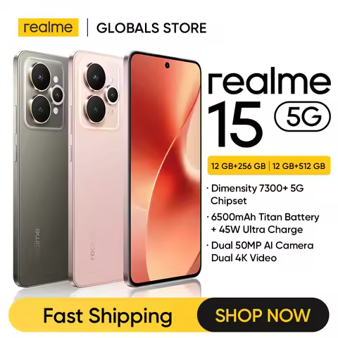 realme 15 5G Smartphone Dimensity 7300+ 5G Chipset 6500mAh Battery 45W Charge 6.77" 144Hz AMOLED Dis