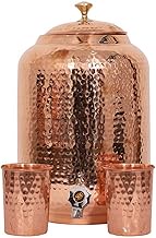 Handicraft Handloom Indian Handmade Hand Hammered Pure Copper Water Dispenser Pot 4 Liter Ayurveda Healing Water Storage Tank Copper Bottle Mug Pitcher With 2 Hammered Glasses