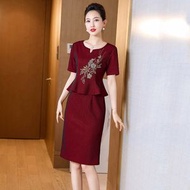 夏季新款婚宴禮服媽媽裝遮肚假兩件連身裙喜婆婆高貴時尚裙子