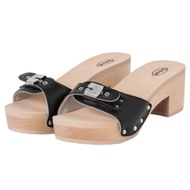 SCHOLL Women's Leather Sandals - Black Wood Sole High Heels with Comfortable Cushioned Footbed and S