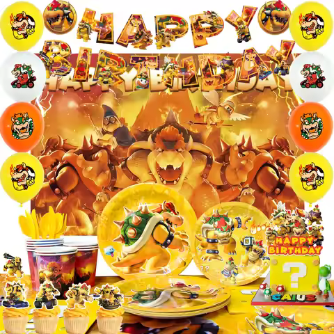 Party Supplies for Bowser Birthday,112pcs Decorations for King Kuppa party Banner,Plates,Cake Topper