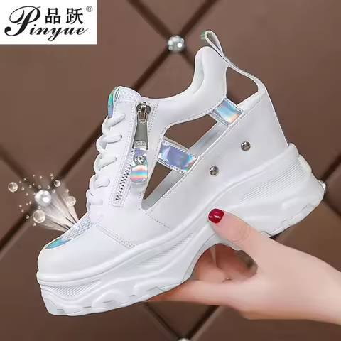Summer Women Sneakers Mesh High Platform Trainers White Shoes 9CM Heels Wedges Sandals Breathable Wo