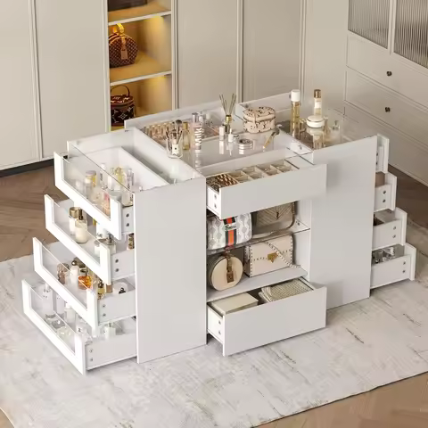 Closet Island with 12 Drawers, Glass Top & Display Shelves, White | Wardrobe Armoire Bedroom Island,